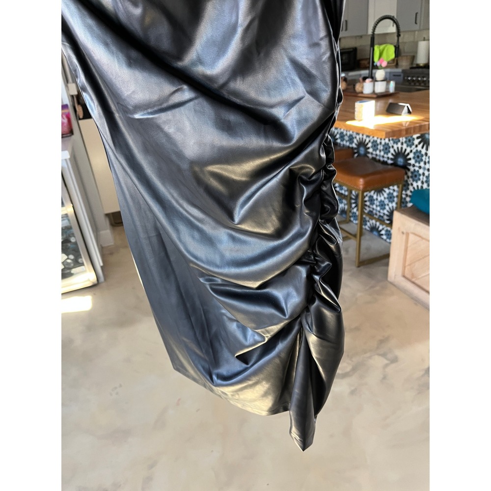 VICI Black Faux Leather Ruched Mini Dress High Neck Sleeveless Edgy Chic M - Picture 2 of 7